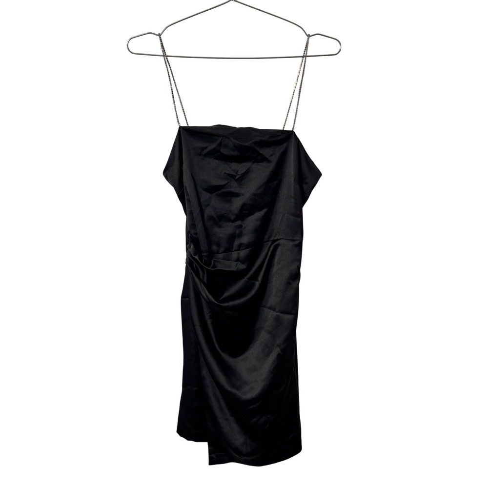 Zara Black Satin Mini Dress Rhinestone Chain Straps Ruched Size S Party NWT - Picture 2 of 13
